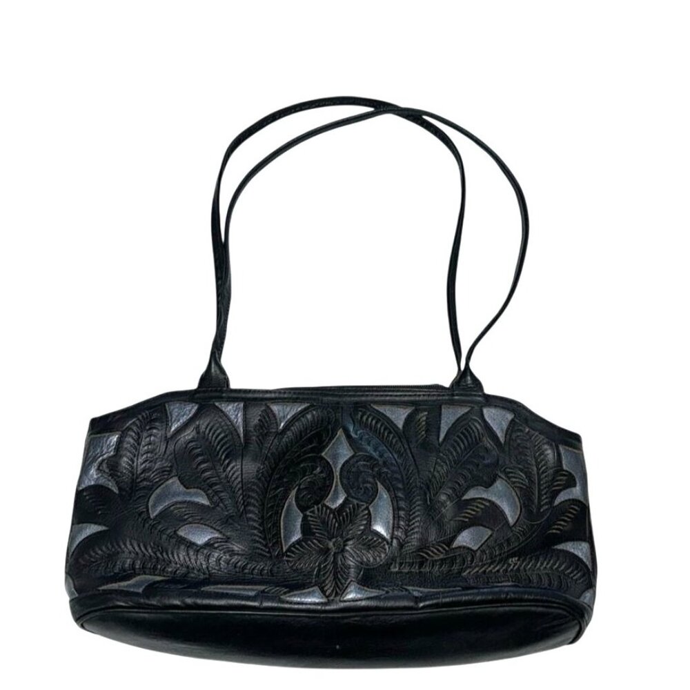 Shyanne  Black  Shoulder Bag With Intricate Floral Embossing & Zipper Closure